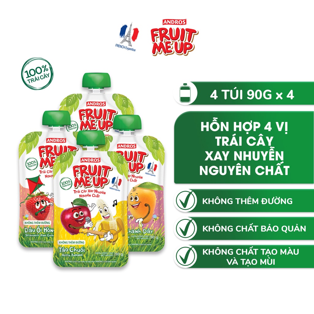 Combo 4 túi Trái Cây Xay Nhuyễn Vị Hỗn hợp 4 vị - 100% trái cây thật - ANDROS FRUIT ME UP - 90gx4