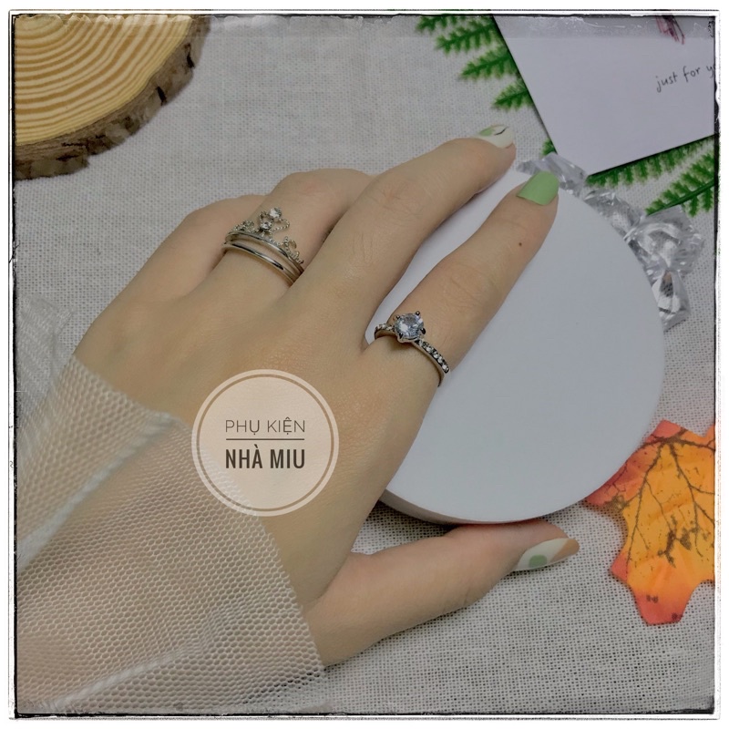 Nhẫn đeo tay nữ vương miện đính đá (2 in 1) set 2 chiếc sang trọng hàng cao cấp