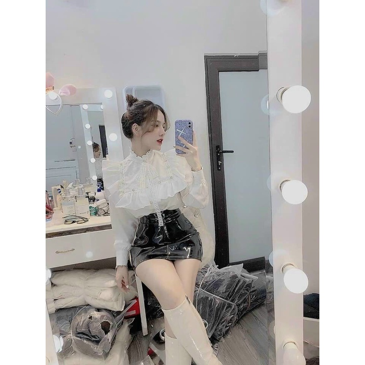 Áo sơ mi nữ cúc ngọc cổ ren siêu sang