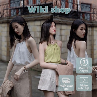 Áo yếm nữ hở lưng, buộc dây khoe vai freesize phom rộng trắng xanh cốm chất đũi thô mát đi biển hàn quốc Wikishop C982