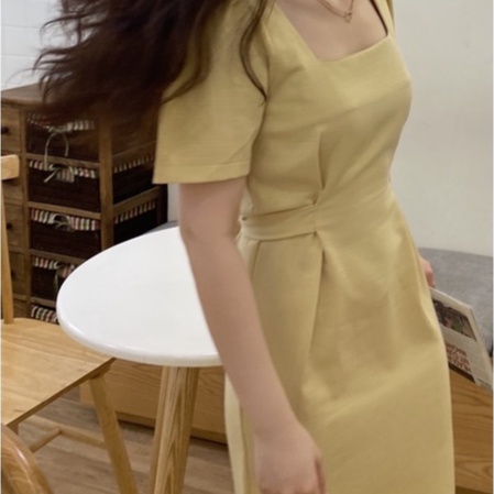 Váy dài linen đũi Hàn Quốc made in Korea vàng pastel