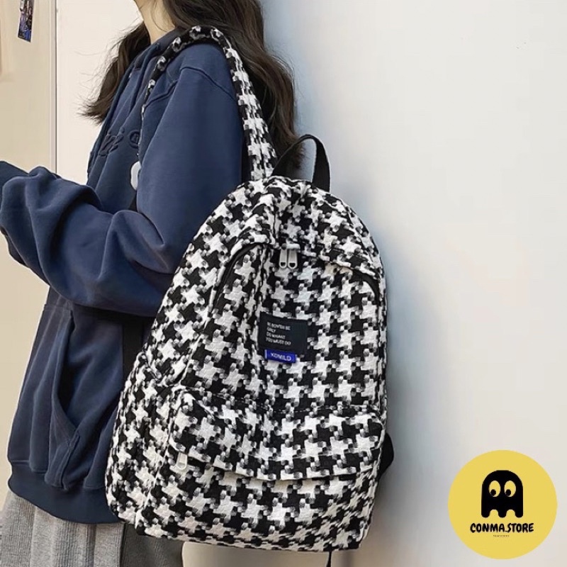 🍀 Balo basic Hàn Quốc nhẹ nhàng xinh xắn kẻ caro 2 màu xanh đen 💖✨ HÀNG CÓ SẴN | chất dạ tweed
