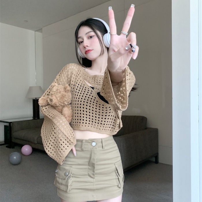 Porozi Áo croptop dệt kim tay dài chống nắng thời trang phong cách Hàn Quốc cho nữ
