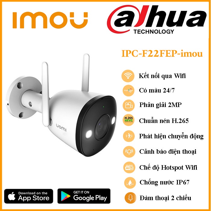 Camera IP Wifi ngoài trời 2MP IPC-F22FEP-IMOU có báo động - Full màu ban đêm - Đàm thoại 2 chiều - Hàng chính hãng