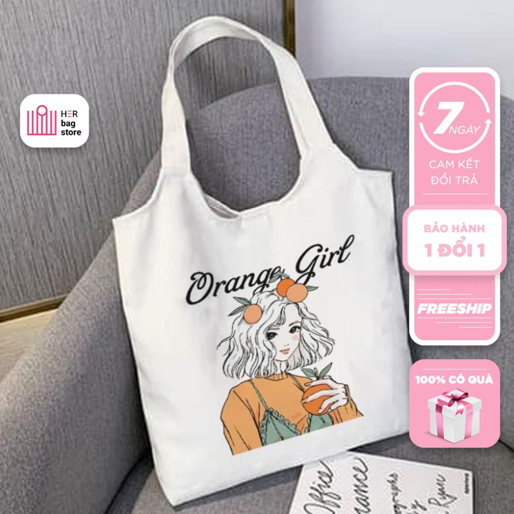 Túi Tote Vải Canvas Nữ Quai Tròn Hàn Quốc In Hình Orange Girl Có Khóa Kéo