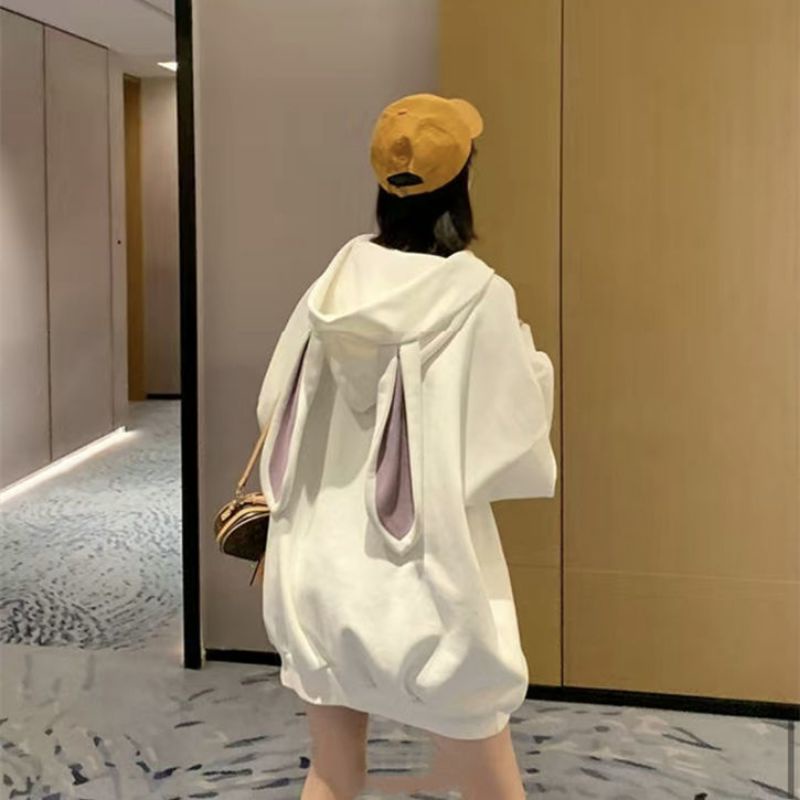 Áo hoodie tai thỏ trơn oversize dáng rộng hack dáng 100% ảnh thật