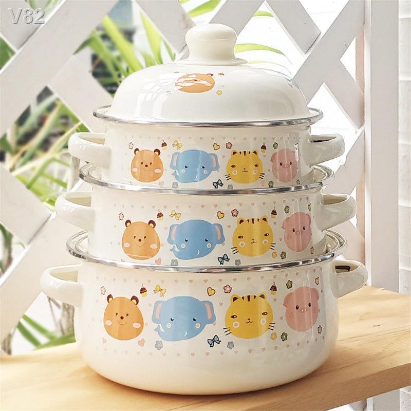 ♚◕Nồi tráng men ba đáy dày súp phẳng hầm lẩu bếp từ ga chung