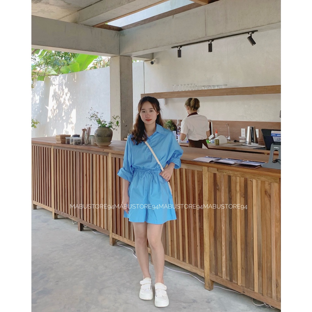 Bộ JUMSUIT sơmi dài tay kẻ kiểu dáng Hàn Quốc