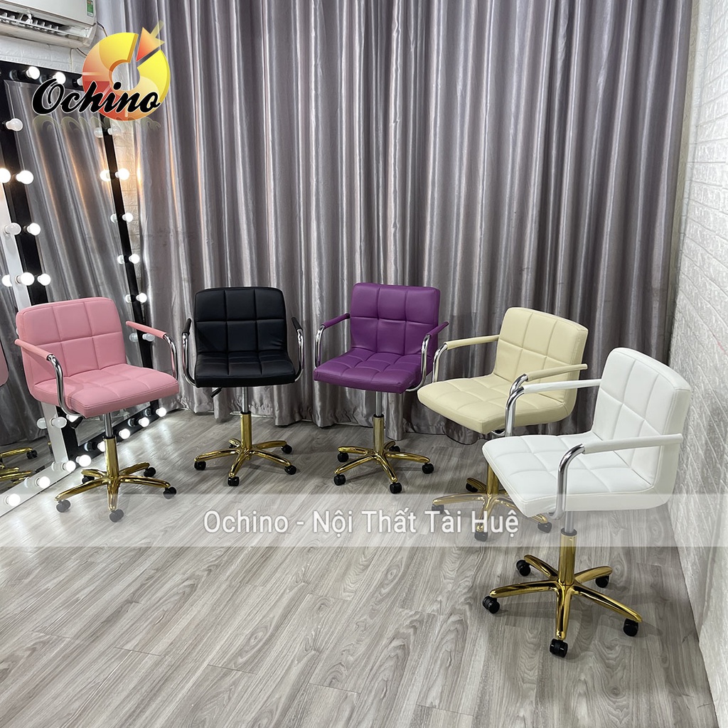 Ghế Trang Điểm Xoay Bánh Xe, Ghế Xoay Spa Chân Vàng Sao Cao Cấp Mẫu Tựa vịn tay inox Hiện Đại ( Hình Thật Shop Chụp)