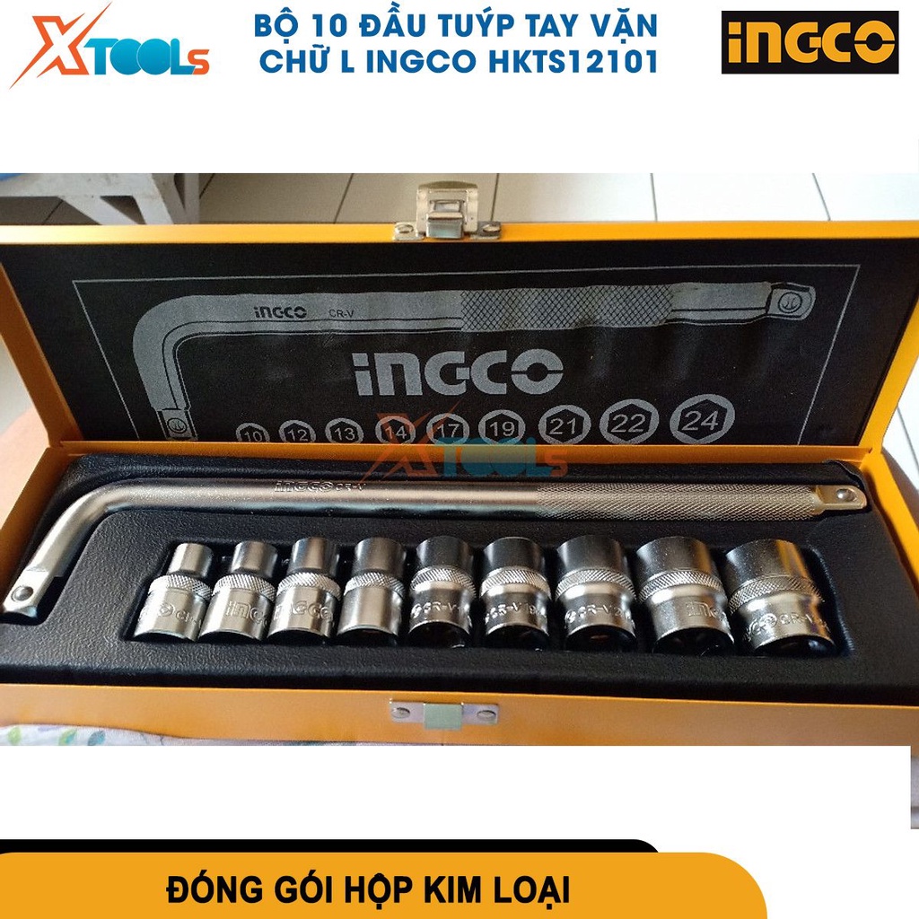 Bộ 10 đầu tuýp tay vặn chữ L 1/2 inch INGCO HKTS12101 bộ đầu tiếp và cần siết lực 10-24mm thép CR-V [CHÍNH HÃNG][XTOOLS]