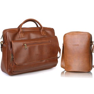 Bộ Túi Da Nam Đeo Chéo A20 và Cặp Túi Da Cao Cấp Đựng Laptop A012 (Vàng Cam)