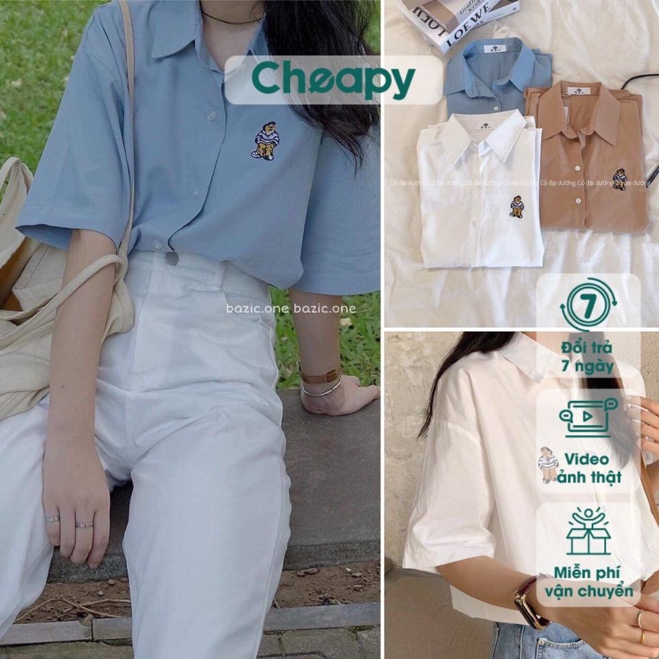 Áo sơ mi thêu gấu unisex tay lỡ be trắng xanh freesize vintage hàn quốc đi làm đi học cheapy C446