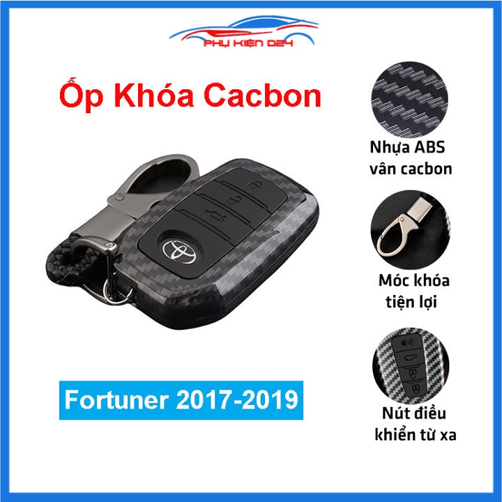 Ốp vỏ bọc chìa khóa xe Fortuner 2017-2018-2019 sợi nhựa cacbon kèm móc treo Inox