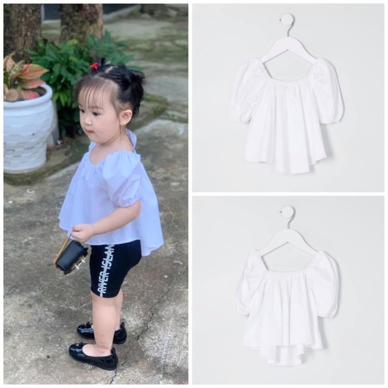 Áo trắng cổ chun tay phồng cho bé gái săn sale