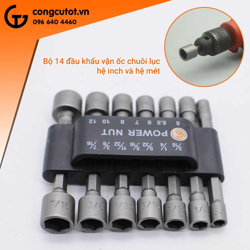 Bộ 14 đầu khẩu vặn ốc chuôi lục hệ inch và hệ mét 5-12mm