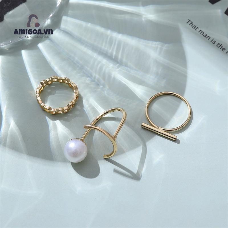 ✨✨Set 3 nhẫn thời trang khảm ngọc trai nhẹ nhàng có thể điều chỉnh tự nhiên sang trọng dành cho nữ