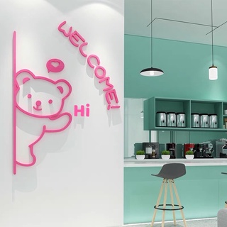 Tranh dán tường mica dán nổi trang trí cửa, cầu thang gấu welcome hồng