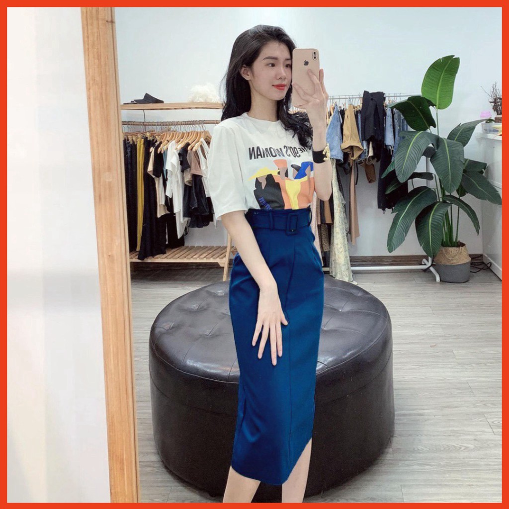 Sale rẻ {Bán Lẻ Giá Sỉ +FREESHIP} Set đồ nữ cá tính sang chảnh, Set áo thun trắng mix chân váy xanh midi kem đai