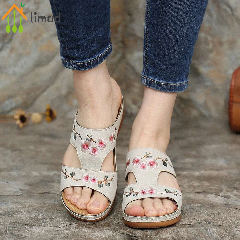 【COD】# limad Embroidery Orthopedic Comfy Flip Flop Sandals Open Toe Summer Outdoor Slippers Wedges Slippers for Women