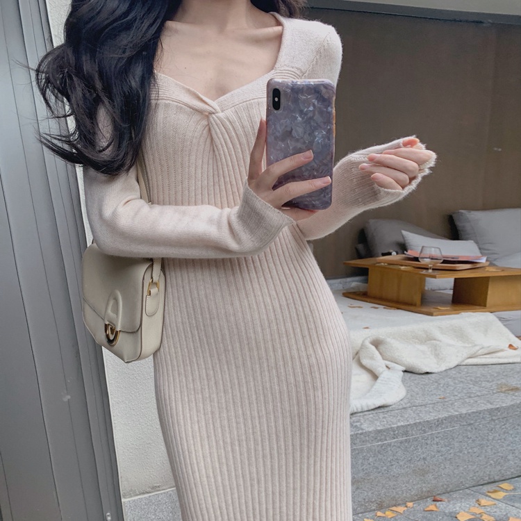 Đầm midi dệt kim SUXI tay dài cổ chữ V dáng ôm màu trơn thời trang mùa thu cho nữ