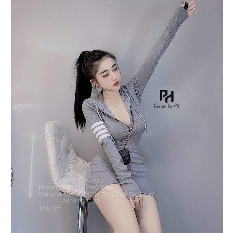 Đầm body tay dài nón phối sọc thể thao cá tính chất len tăm co giãn thoải mái 2 màu đen xám M003