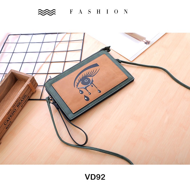 Ví tiền nữ cầm tay 2 ngăn họa tiết độc đáo có quai đeo chéo VX92