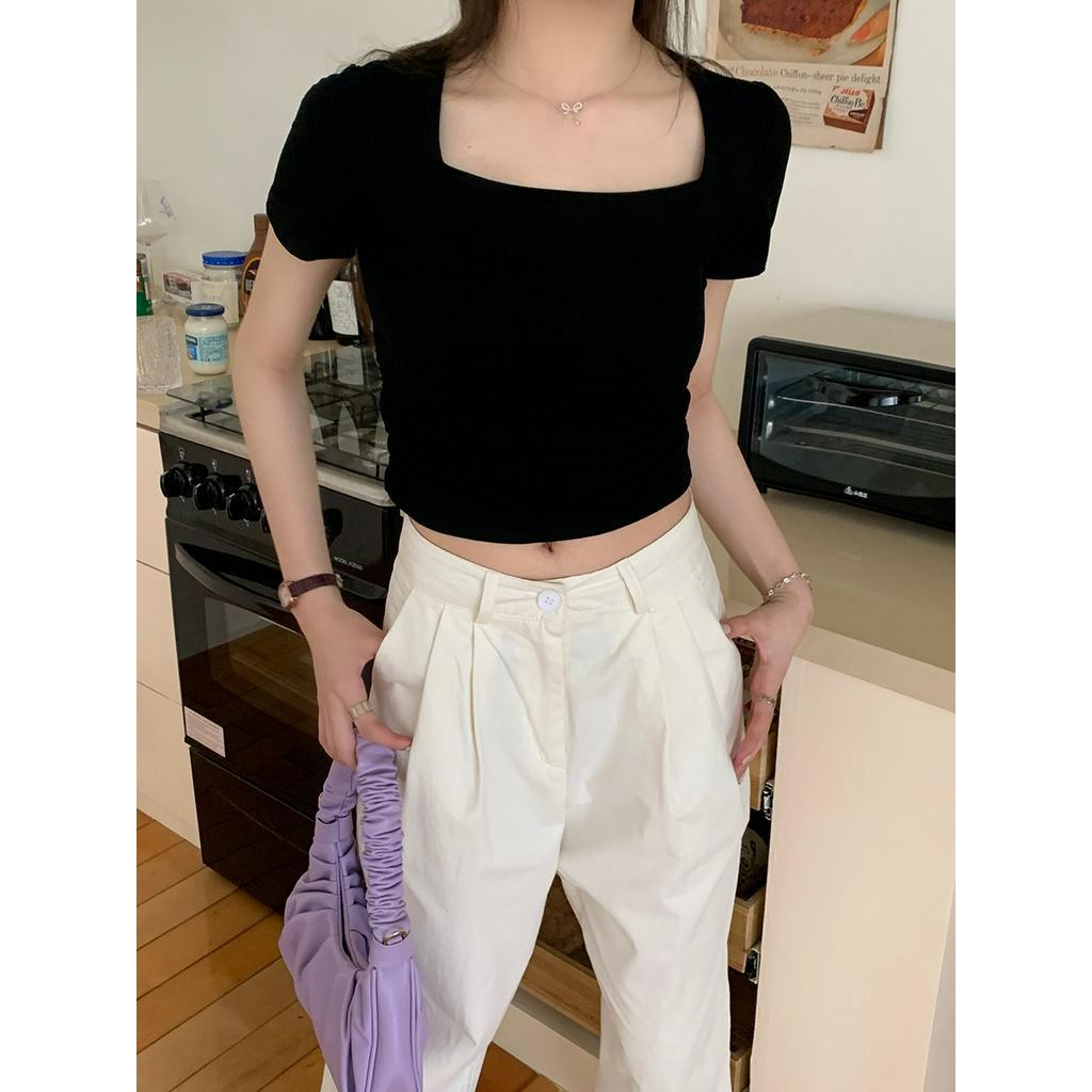 Áo Thun Tay Ngắn Cổ Vuông Nhiều Màu Sắc Đơn Giản Phong Cách Mới 63058