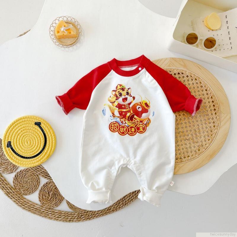 Bộ áo liền quần tay dài in hình hổ hoạt hình dành cho trẻ sơ sinh nam nữ