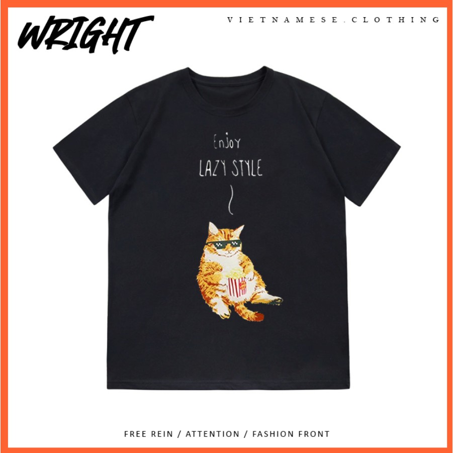 Áo Phông Tay Lỡ Enjoy Lazy Style Mèo Lười Xem Phim Chất Cotton Mát Unisex Form Rộng