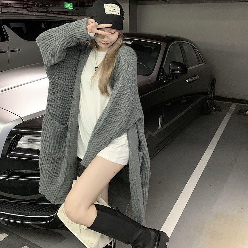 Áo Khoác cardigan Dệt Kim Dáng Dài Màu Xám Phong Cách Hàn Quốc Thời Trang Cho Nữ