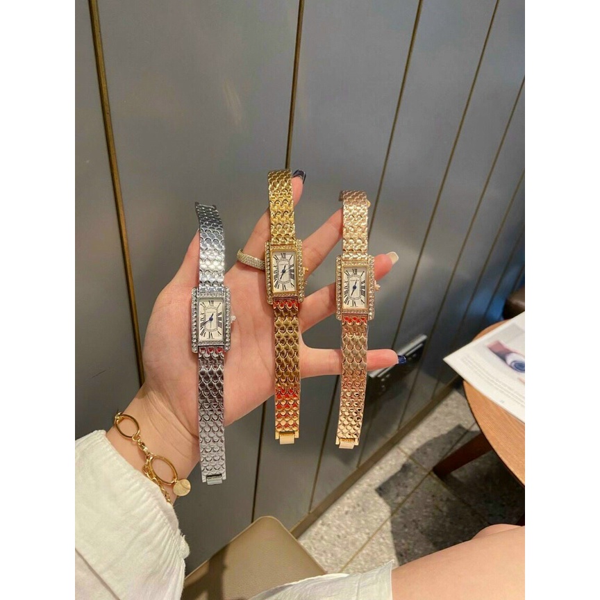 Đồng hồ nữ catier ca14 dây thép , viền nạm đá , size 20x30mm