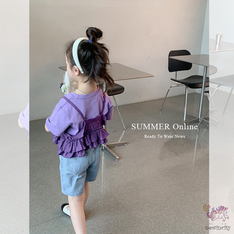 Bộ Áo Thun Cotton + Quần Yếm Nhún Bèo Phong Cách Hàn Quốc Thời Trang Mùa Hè Cho Bé Gái