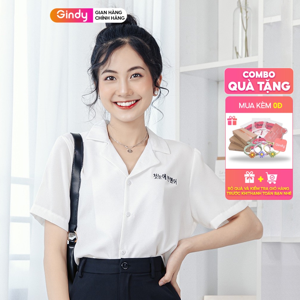 Áo sơ mi nữ tay ngắn GINDY cổ vest thêu chữ dáng basic trơn thời trang sơmi công sở, sơmi học sinh A029
