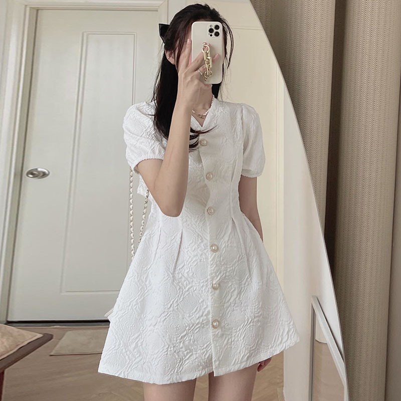 Đầm Nữ Khuy Ngọc Vải Gấm Xốp Cộc Tay Hở Lưng Dáng Ngắn 2 Màu