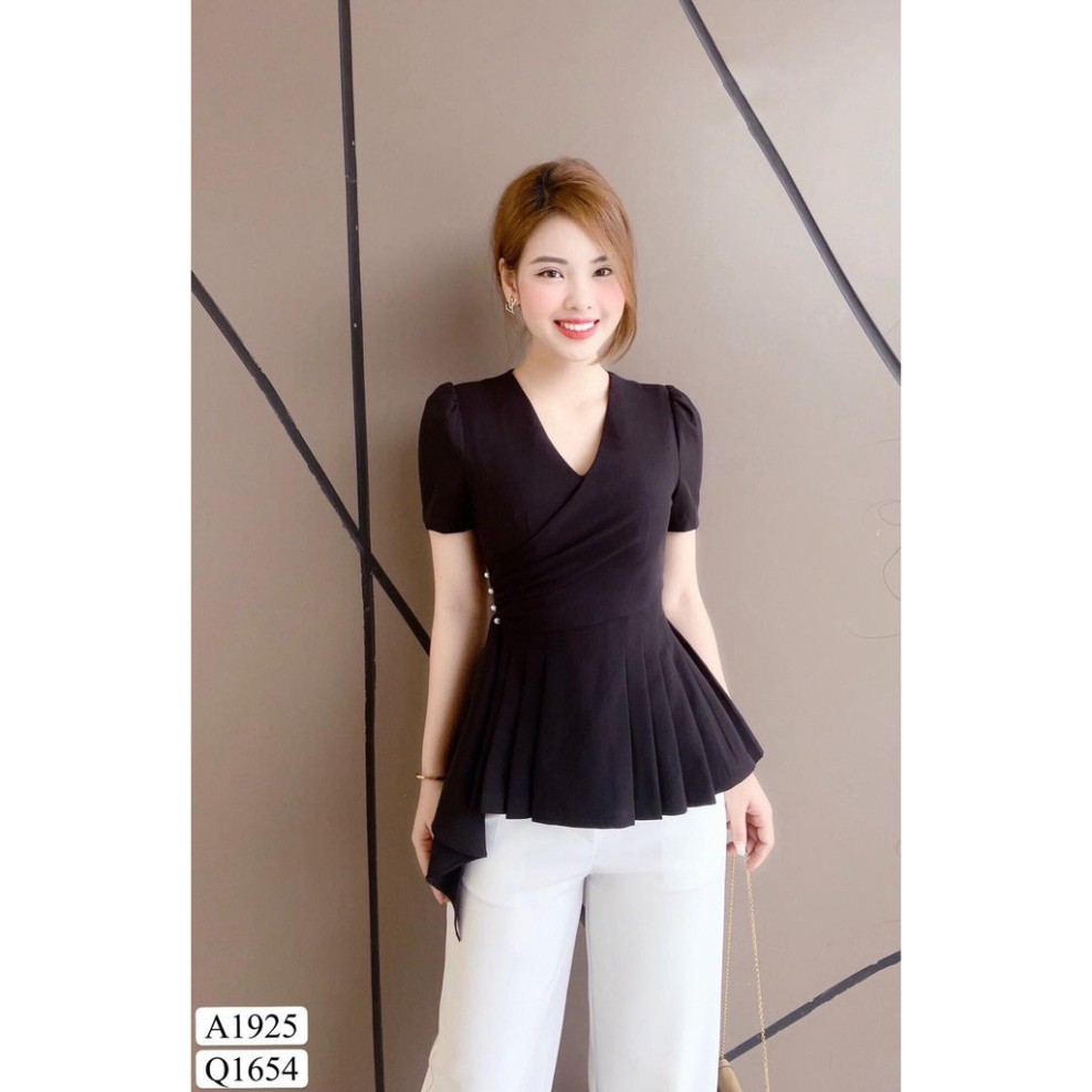 [SHOP VÁY DỰ TIỆC ĐẸP] Set áo peplum đen eo đính ngọc & quần trắng A1925