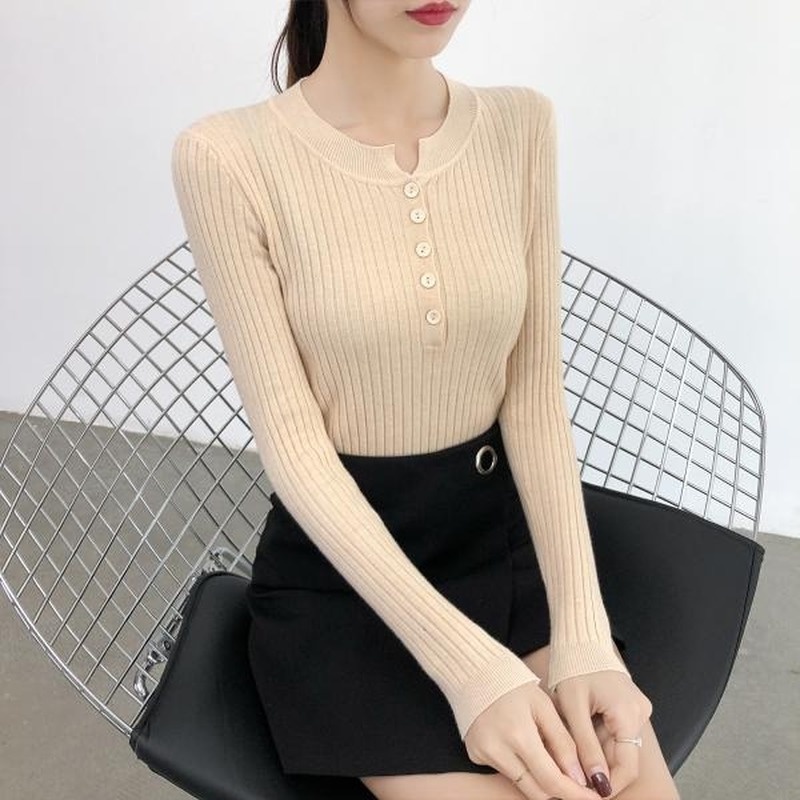 Áo Sweater Dệt Kim Mỏng Cổ Tròn Thấp Phối Nút Thời Trang Thu Đông Hàn Quốc Mới Cho Nữ 210914 | WebRaoVat - webraovat.net.vn