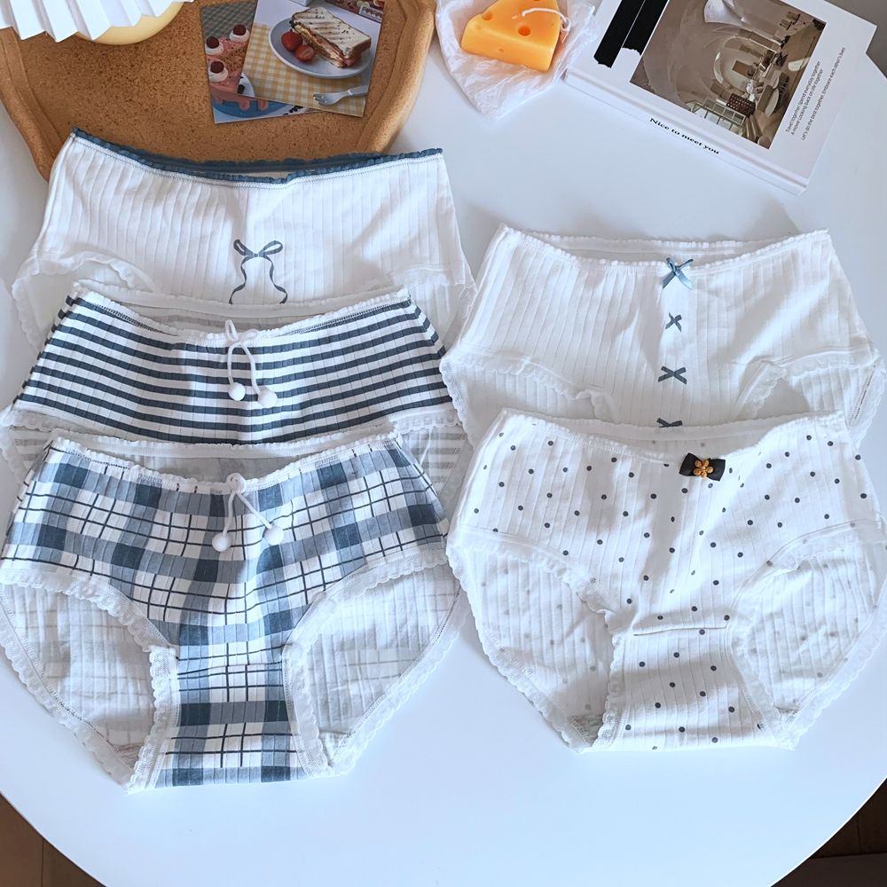 EPOCH Quần lót lưng vừa phối ren co giãn thoáng khí họa tiết kẻ sọc/ chấm bi phong cách Hàn Quốc ngọt ngào cho nữ