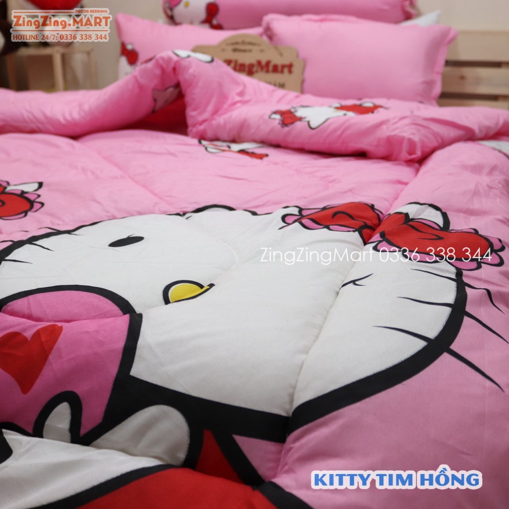 Bộ Ga Gối Poly Kitty Tim Hồng | Bộ Drap giường Ga trải giường ( 1 ga + 2 vỏ áo gối ) - ZingZingMart