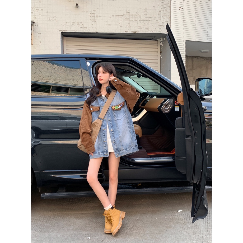 QOEDDV Áo Khoác denim Dáng Rộng Phong Cách retro Mỹ Cá Tính
