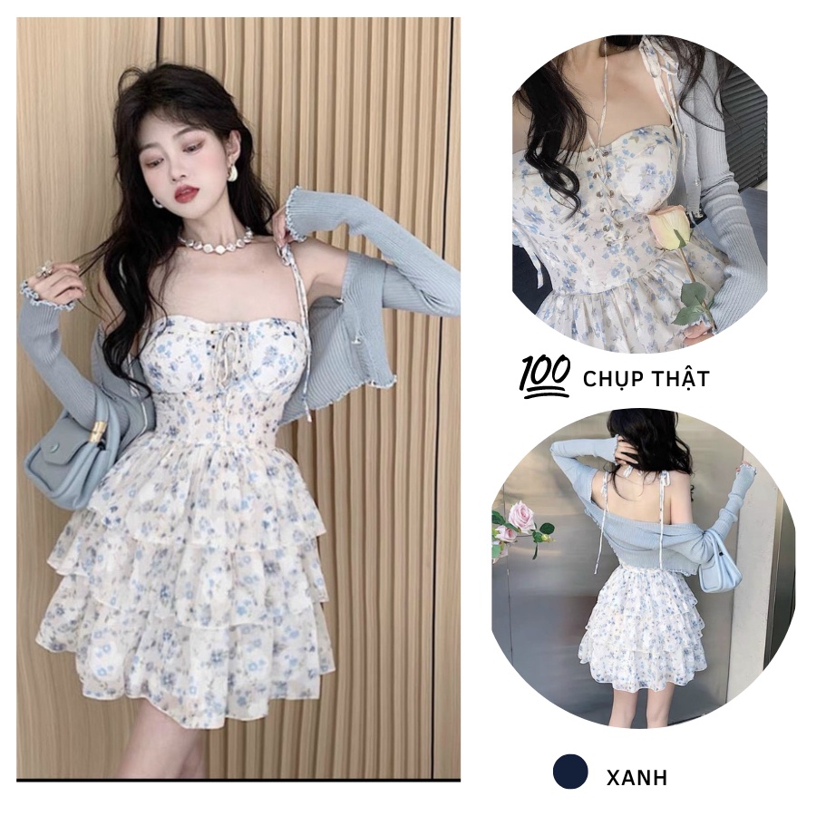 SET ĐẦM 2S HOA NHÍ TẦNG ĐAN DÂY NGƯC + KHOÁC CROPTOP CARDIGAN DỄ PHỐI HÀNG QC FREESHIP
