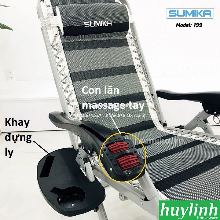 Ghế xếp gấp thư giãn Sumika 199 - Có con lăn tay massage - Tặng khay để ly - Khoá Kim Loại, tải trọng 200kg