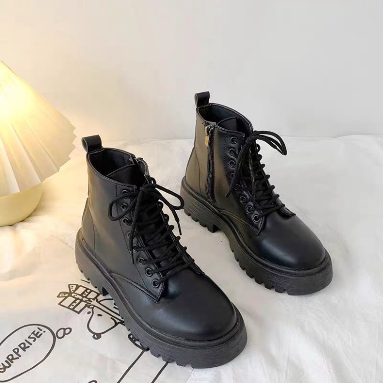 Giày bốt nữ cổ lửng khoá kéo cạnh chất da màu đen, Boot Nữ Ulzang cao cổ Cực Hot Trend