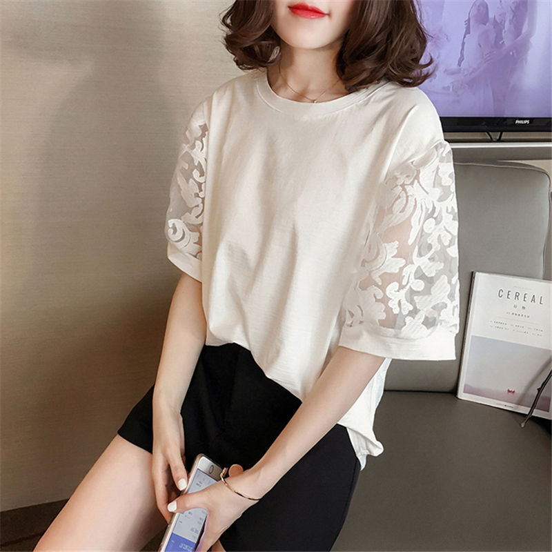 Áo Thun Cotton Ngắn Tay Dáng Rộng Phối Ren Xinh Xắn Cho Nữ