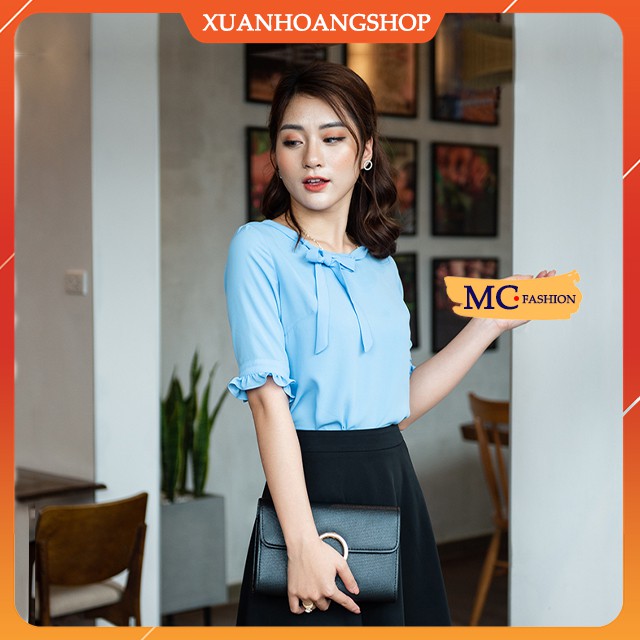 Áo Sơ Mi Nữ Kiểu Thời Trang Công Sở Đẹp, Màu Xanh Nước Biển, Hòa Bình, Tay Lỡ Lửng, Mc Fashion A490