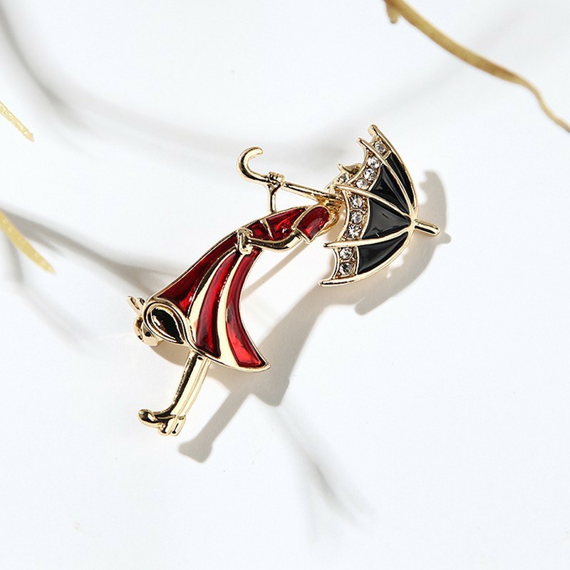 Cài áo cô gái cầm dù đính đá lấp lánh phong cách vintage cổ điển