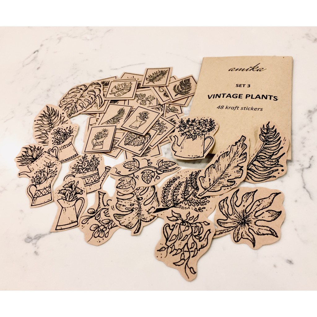 SET 3: 48 stickers họa tiết bình hoa, cành lá vintage