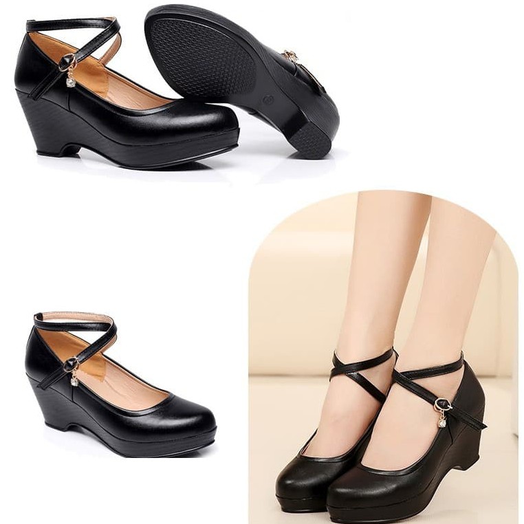 GIÀY BÚP BÊ KIỂU ĐẾ XUỒNG PHỐI DÂY ĐAN CHÉO THANH LỊCH DA SI MỀM CAO CẤP - GIÀY NỮ CAO 5CM BÍT MŨI MÀU ĐEN BAO BỀN ĐẸP