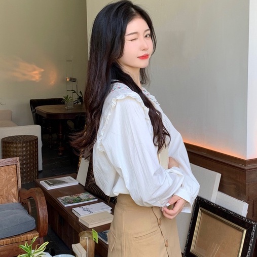 ZHELIHANGFEI Áo Sơ Mi Tay Phồng Cổ Búp Bê Thêu Họa Tiết Phong Cách Preppy Nhật Bản Dễ Phối Đồ