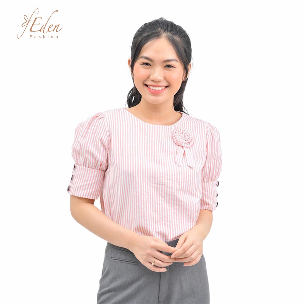 Áo kiểu sơ mi công sở nữ thiết kế thời trang Eden tay ngắn cổ tròn dáng suông kẻ sọc freesize - ASM120