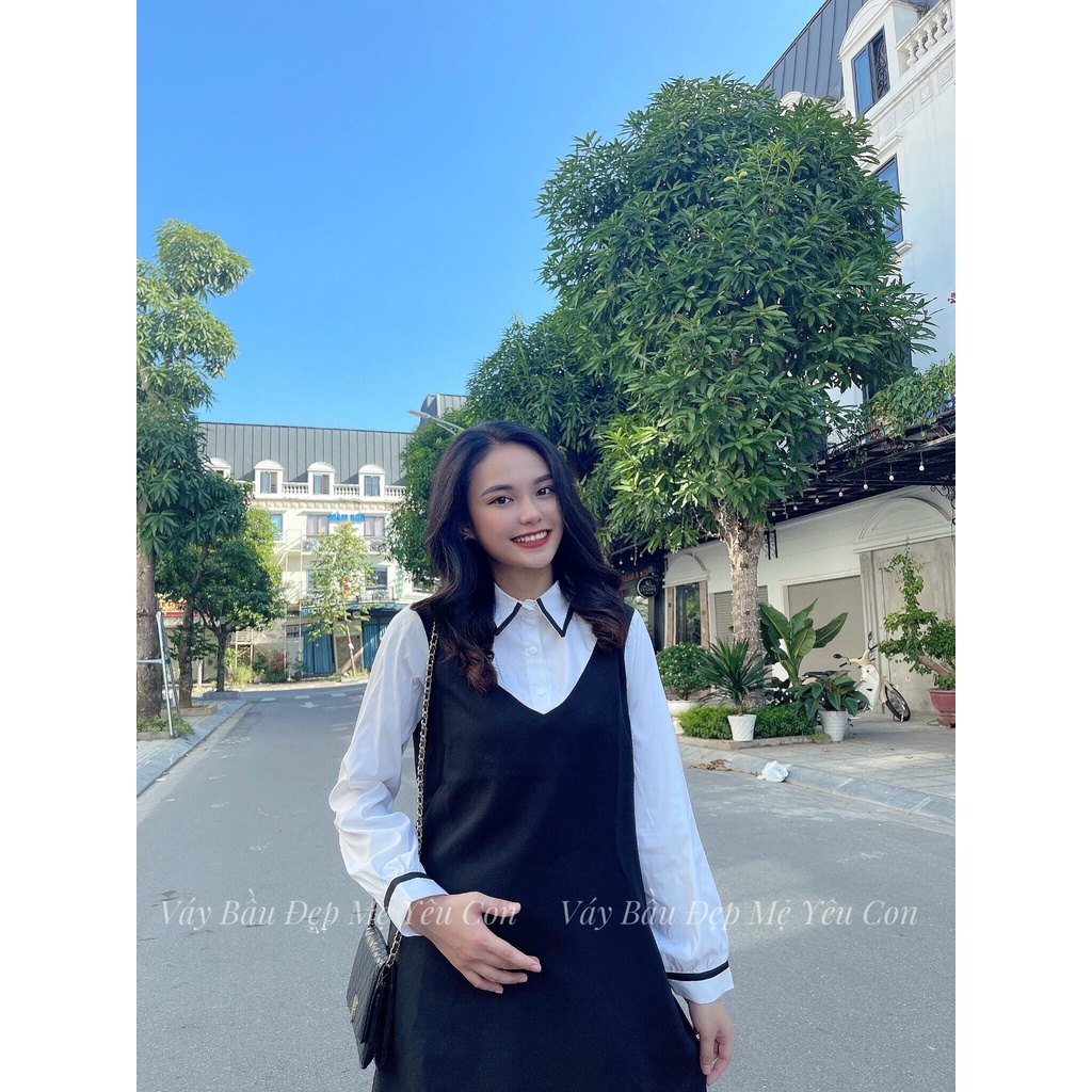 Váy Bầu - Đầm Bầu GUME giả yếm, cổ đức viền đen, form dáng chữ A thoải mái tới khi sinh MYC 1278